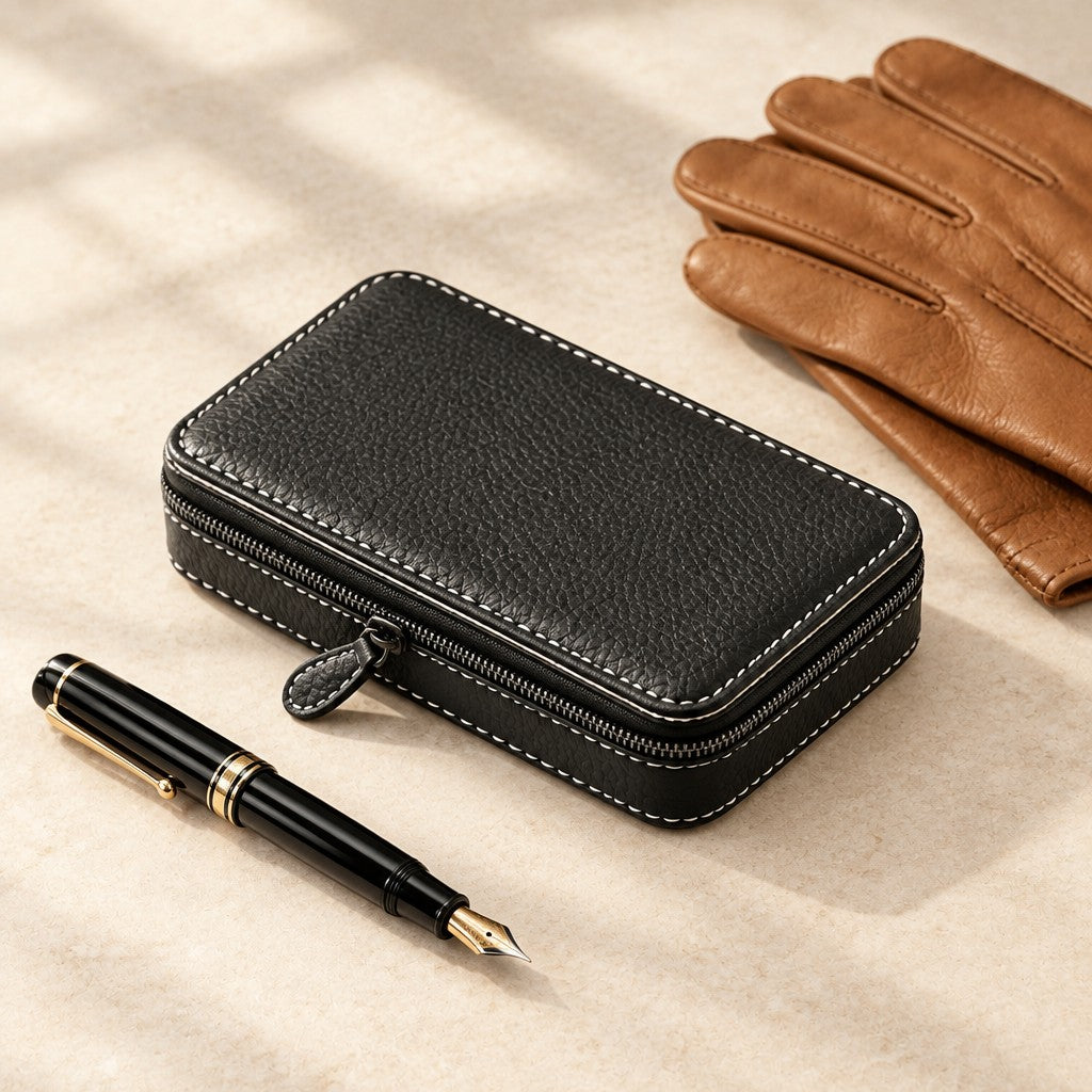 4-watch zippered travel case in black leatherette closed, beside a fountain pen and leather gloves