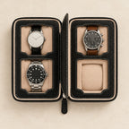 Top view of the 4-watch zippered travel case with watches of different sizes