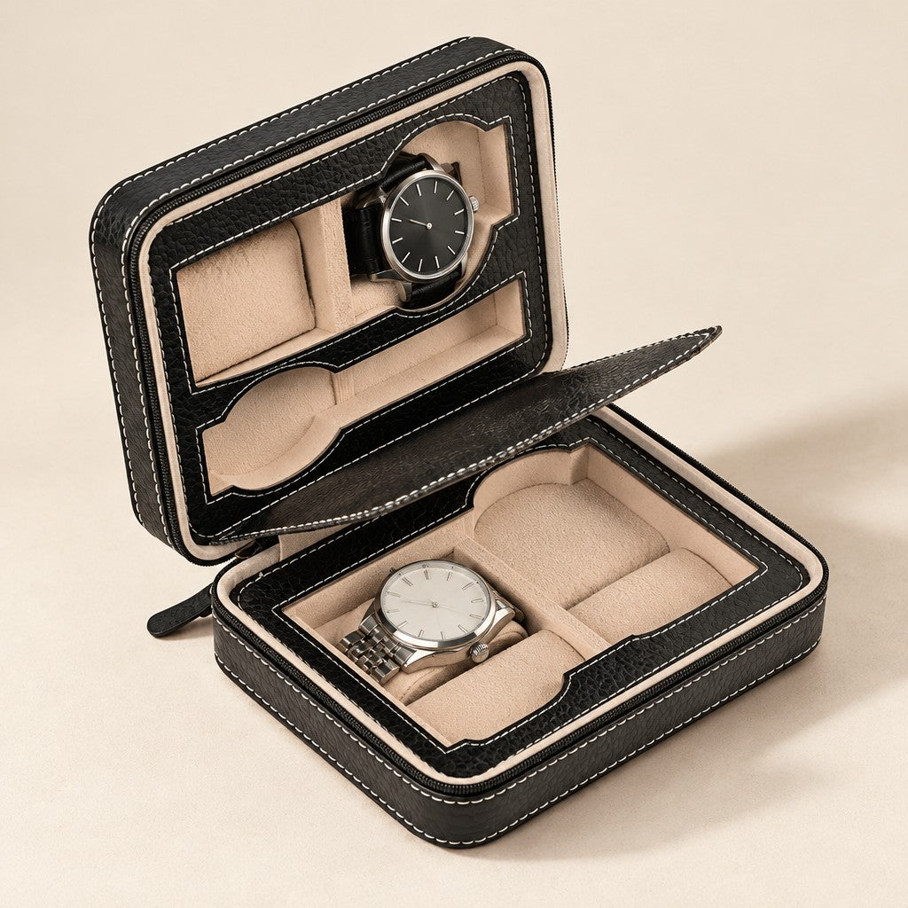 4-watch zippered travel case in black leatherette with the lid open