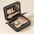 4-watch zippered travel case in black leatherette with the lid open