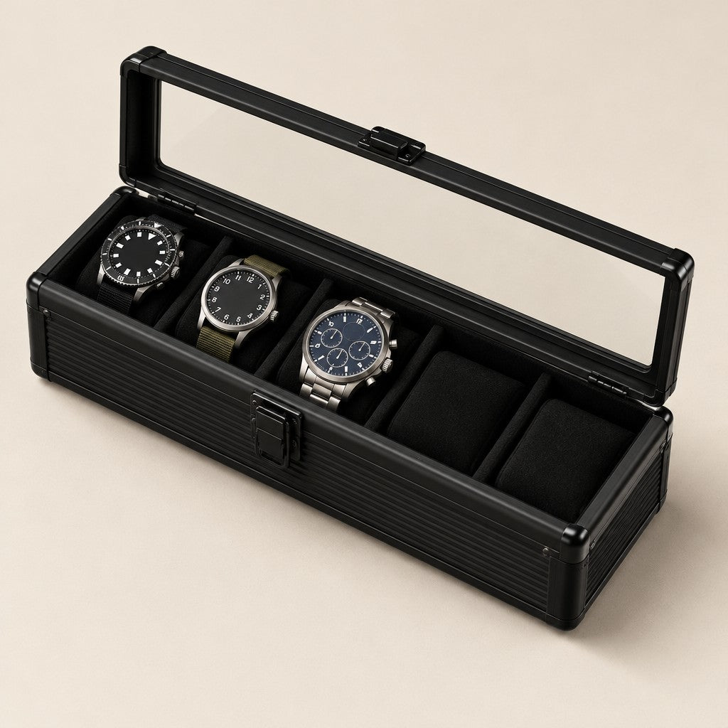 5-slot black aluminum watch box with the window lid open