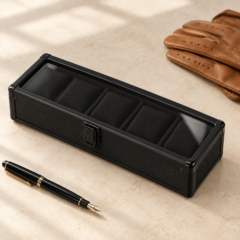 5-slot black aluminum watch box closed, beside a fountain pen and leather gloves