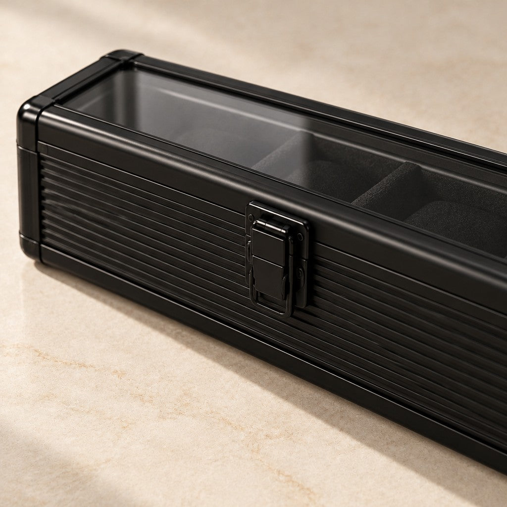 Close-up of the ribbed aluminum and front latch of the 5-slot watch box