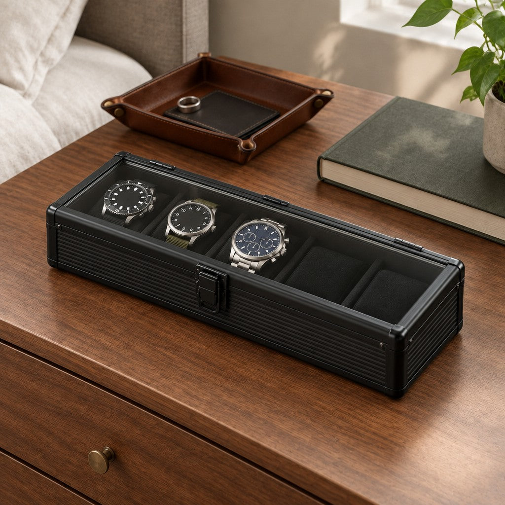 The 5 slot aluminum watch box on a chest of drawers, for scale