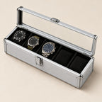5-slot silver aluminum watch box with the window lid open