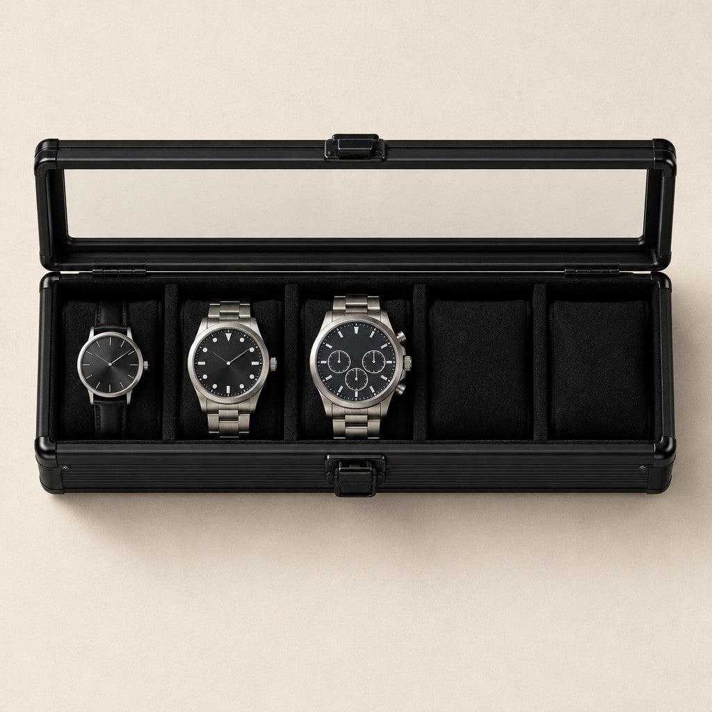 Top view of the 5 slot aluminum watch box with a 36 mm, a 42 mm and a 45 mm watch