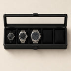 Top view of the 5 slot aluminum watch box with a 36 mm, a 42 mm and a 45 mm watch