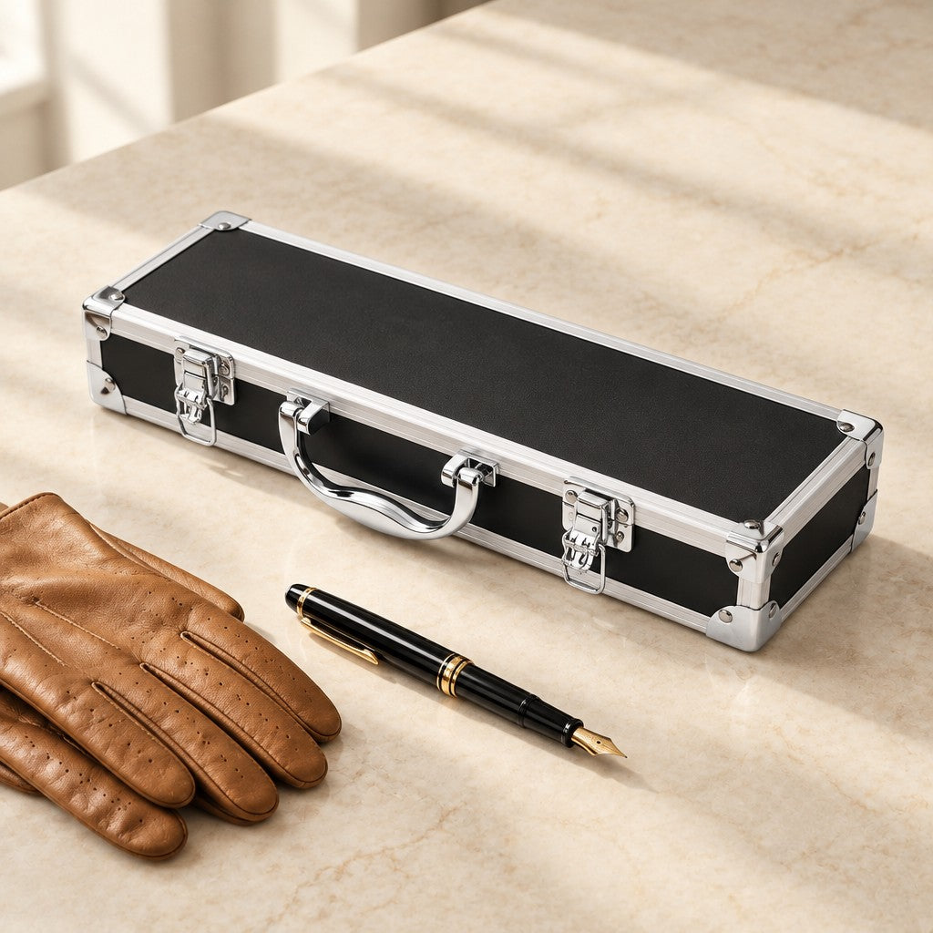 5-slot aluminum watch case closed, beside a fountain pen and leather gloves