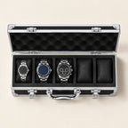 Top view of the 5 slot aluminum watch case with a 36 mm, a 42 mm and a 45 mm watch