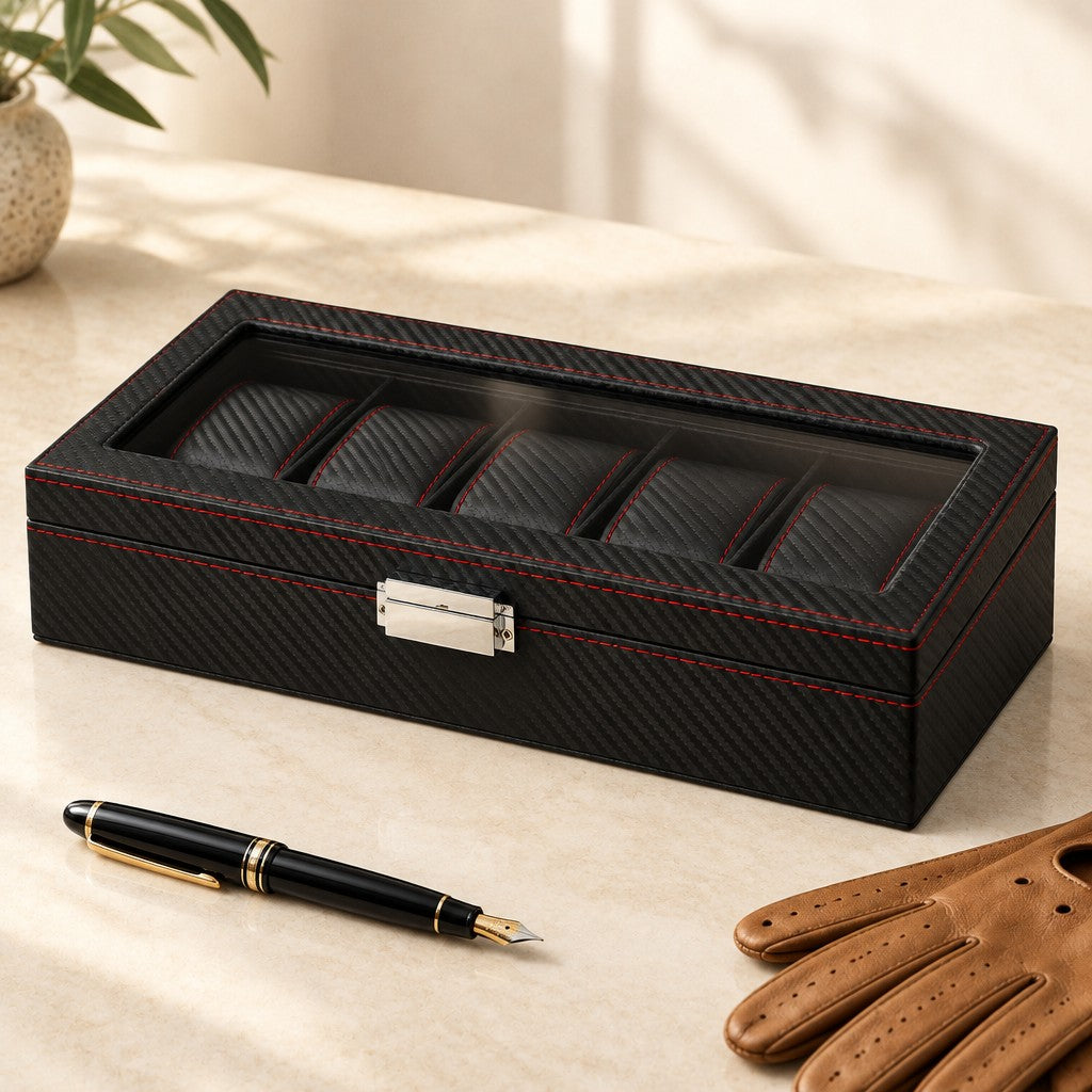 5-slot carbon-pattern watch box closed, beside a fountain pen and leather gloves
