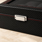 Close-up of the carbon weave pattern, red stitching and chrome clasp