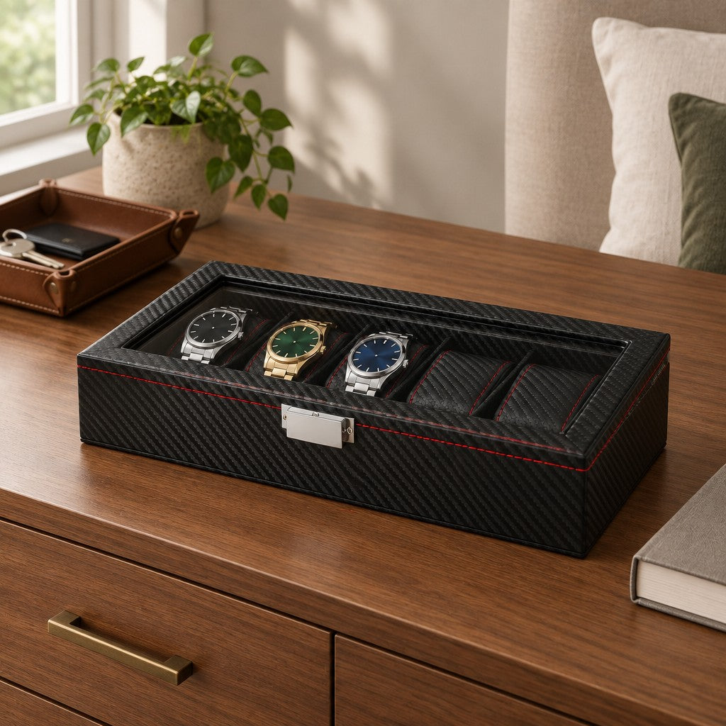 The 5 slot carbon pattern watch box on a chest of drawers, for scale