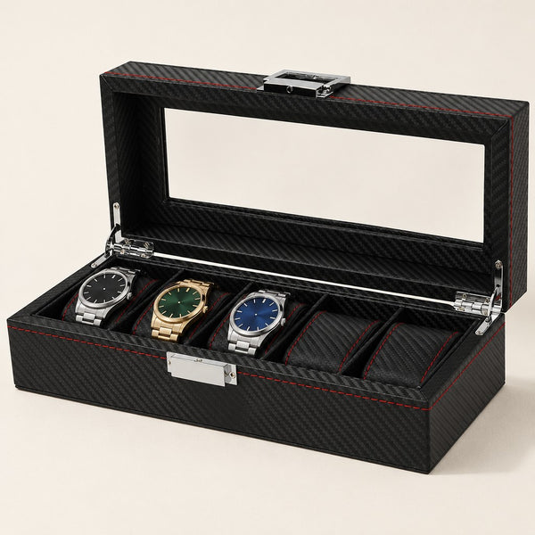 5-Slot Carbon-Pattern Watch Box with Window