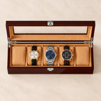 Top view of the 5-slot wooden watch box with watches of different sizes