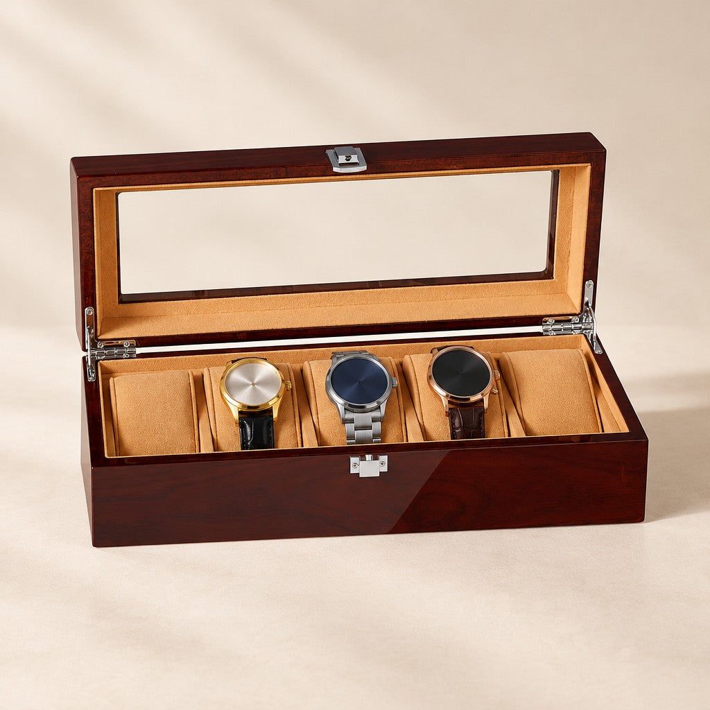 5-slot high-gloss wooden watch box with a glass lid with the lid open