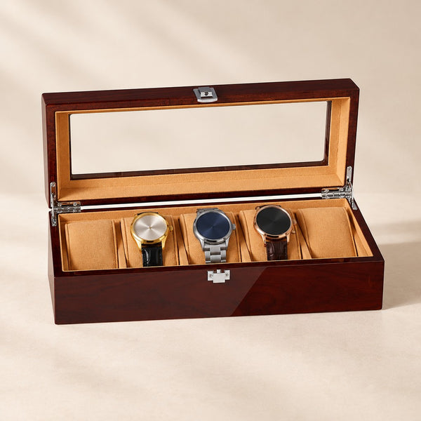 5-Slot Lacquered Wood Watch Box with Glass Lid