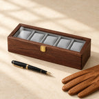 5-slot solid black walnut watch box closed, beside a fountain pen and leather gloves