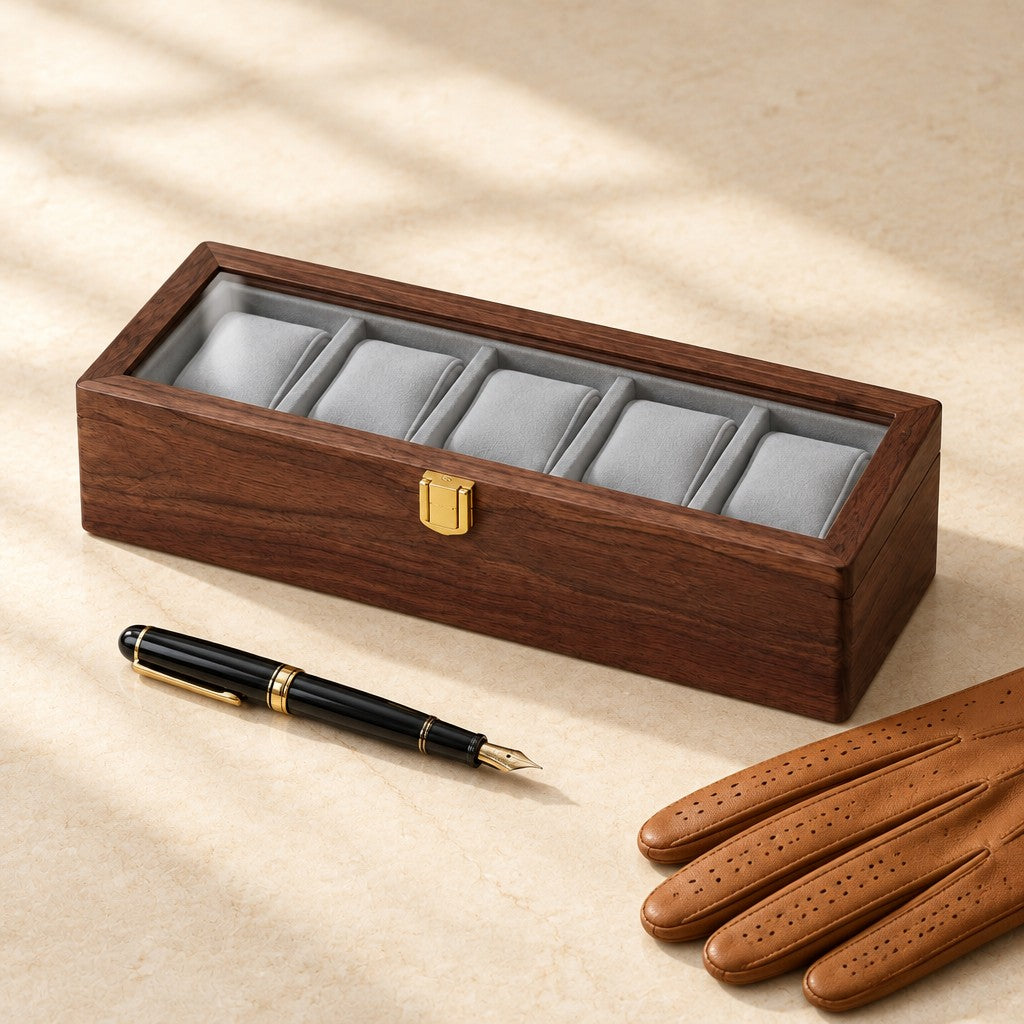 5-slot solid black walnut watch box closed, beside a fountain pen and leather gloves
