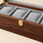 Close-up of the lining and clasp of the 5-slot solid black walnut watch box