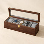 5-slot solid black walnut watch box with the lid open
