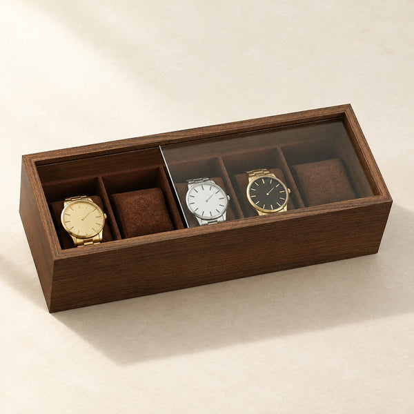 Walnut Wood Watch Box with Glass Top - 5 Slots