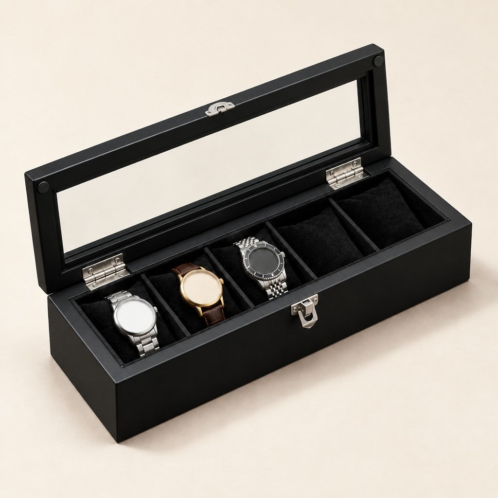 5-slot black wooden watch box with the glass lid open and three watches