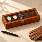 5-slot coffee wooden watch box closed, beside a fountain pen and leather gloves