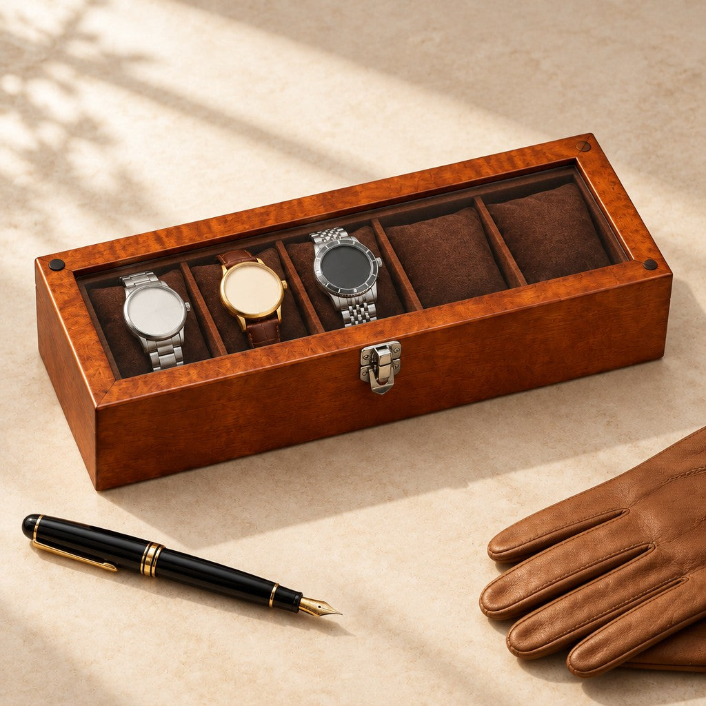 5-slot coffee wooden watch box closed, beside a fountain pen and leather gloves
