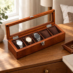 5-Slot Wooden Watch Box with Glass Lid on a chest of drawers, for scale