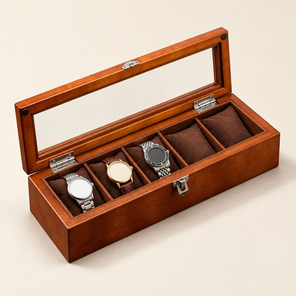 5-slot coffee wooden watch box with the glass lid open and three watches