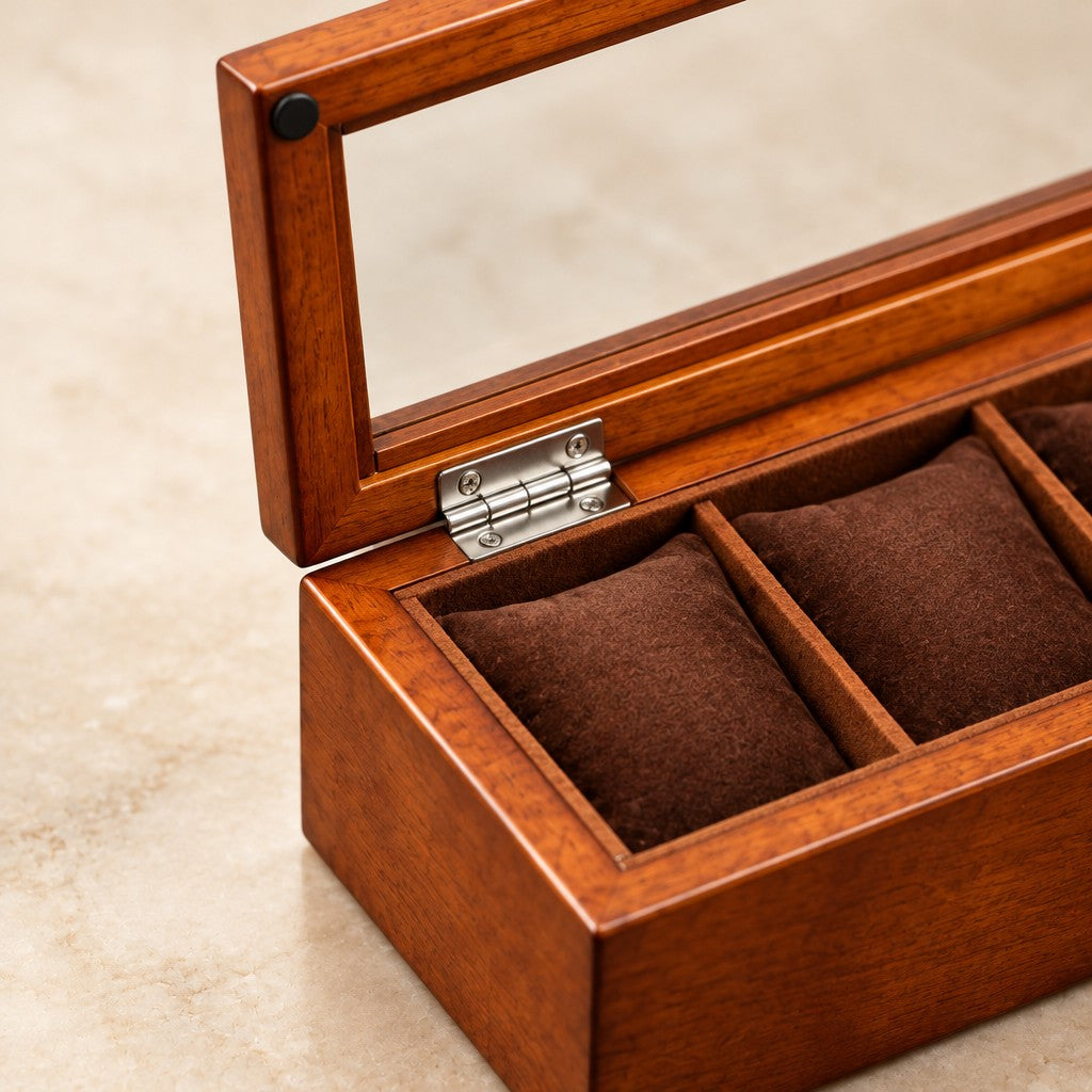 Close-up of a hinge, the glass lid frame and the velvet pillows of the 5-slot coffee watch box