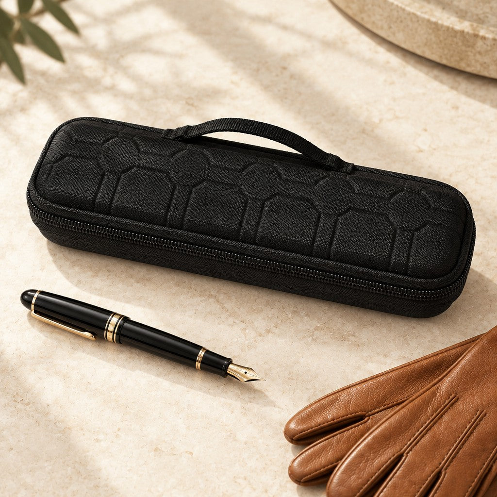 5-slot hard-shell watch case closed, beside a fountain pen and leather gloves