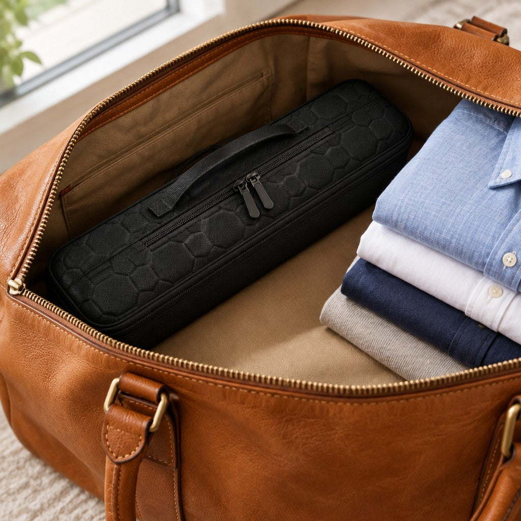 The 5 slot zippered hard shell watch case packed in a leather weekender bag, for scale