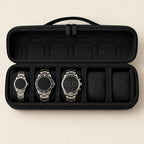 Top view of the 5 slot zippered hard shell watch case with a 36 mm, a 42 mm and a 45 mm watch