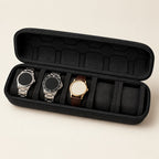 5-slot zippered hard-shell watch case open, with removable pillows