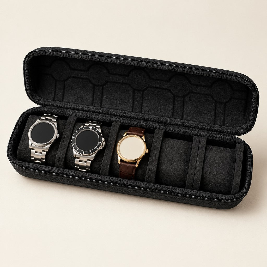 5-slot zippered hard-shell watch case open, with removable pillows