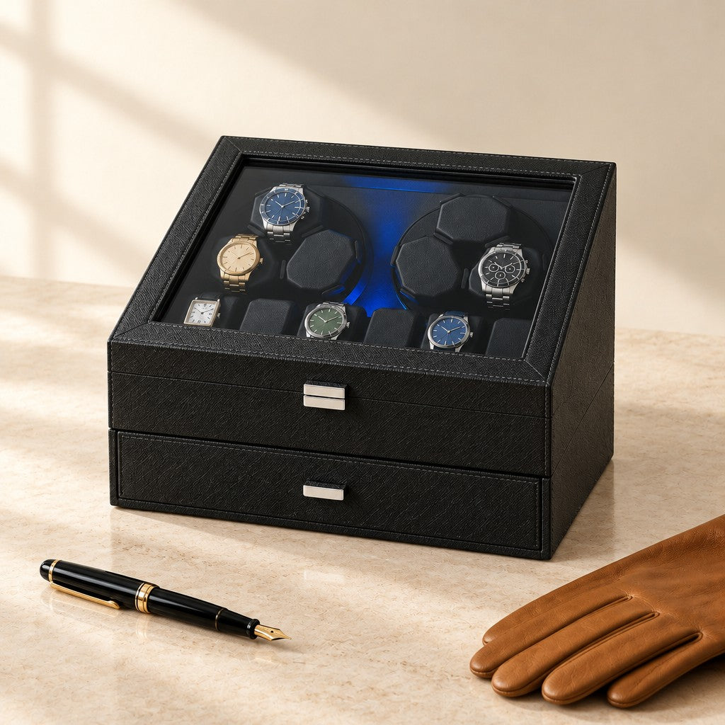 6+6 watch winder box closed, beside a fountain pen and leather gloves