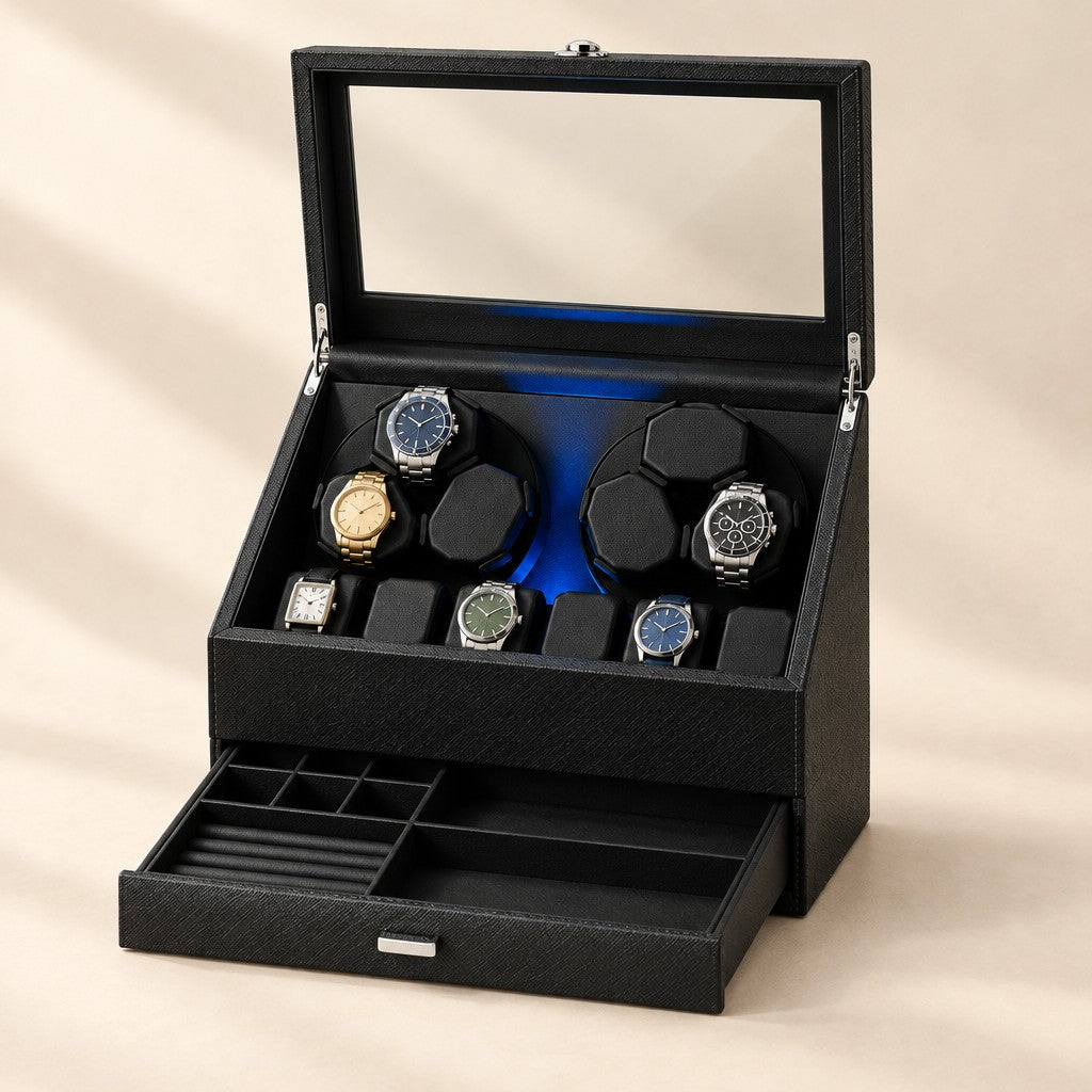 6+6 watch winder box with jewelry drawer, lid open, watches on turntables and pillows