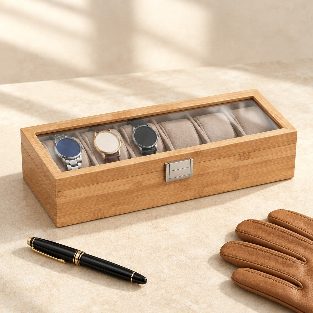 6-slot bamboo watch box closed, beside a fountain pen and leather gloves