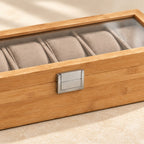 Close-up of the bamboo grain and silver-tone latch of the 6-slot watch box