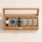 Top view of the 6-slot bamboo watch box with a 36 mm, a 42 mm and a 45 mm watch