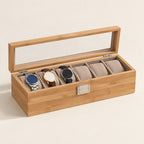 6-slot bamboo watch box with the clear lid open