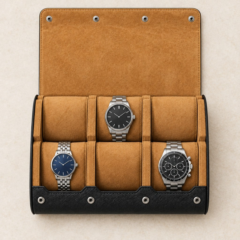 Top view of the 6-slot watch case with a 36 mm, a 42 mm and a 45 mm watch