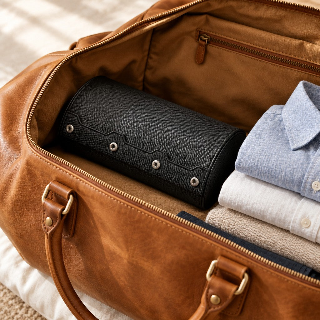 Closed 6-slot watch case in a weekender bag beside folded shirts