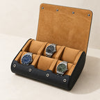 Black crosshatch leather 6-slot watch case open with three watches