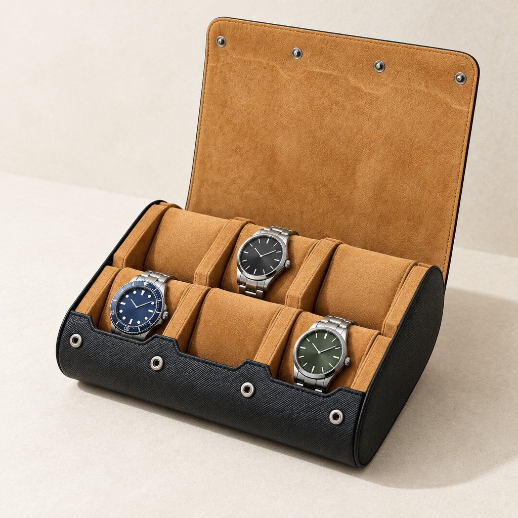 Black crosshatch leather 6-slot watch case open with three watches