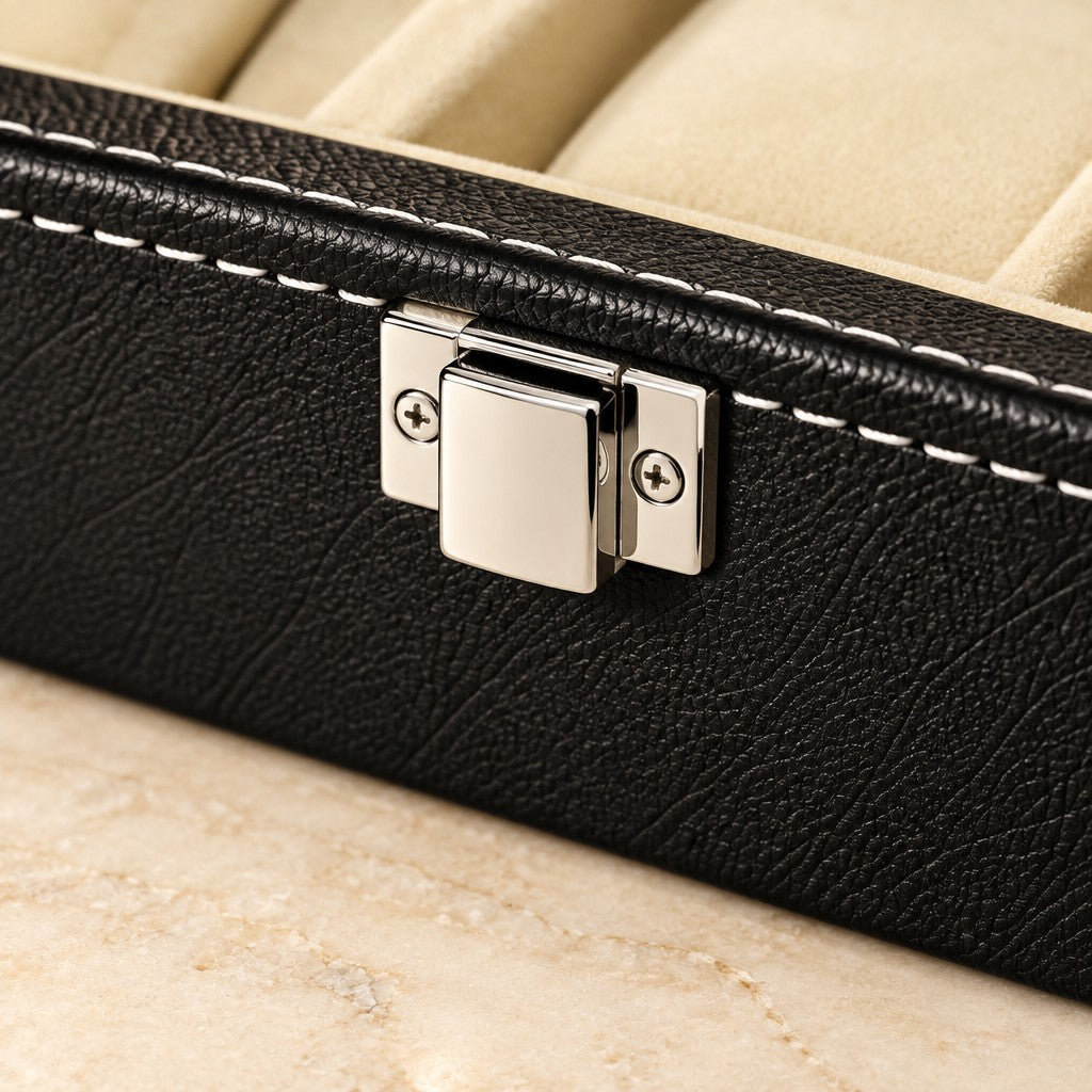 Close-up of the chrome clasp and stitched faux leather of the 6-slot watch box