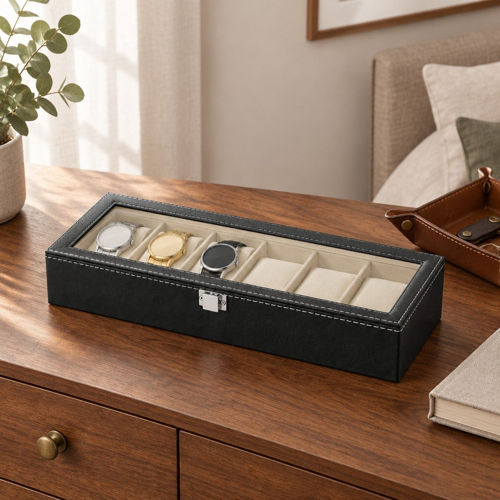 The 6 slot faux leather watch box on a chest of drawers, for scale