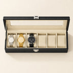 Top view of the 6 slot faux leather watch box with a 36 mm, a 42 mm and a 45 mm watch
