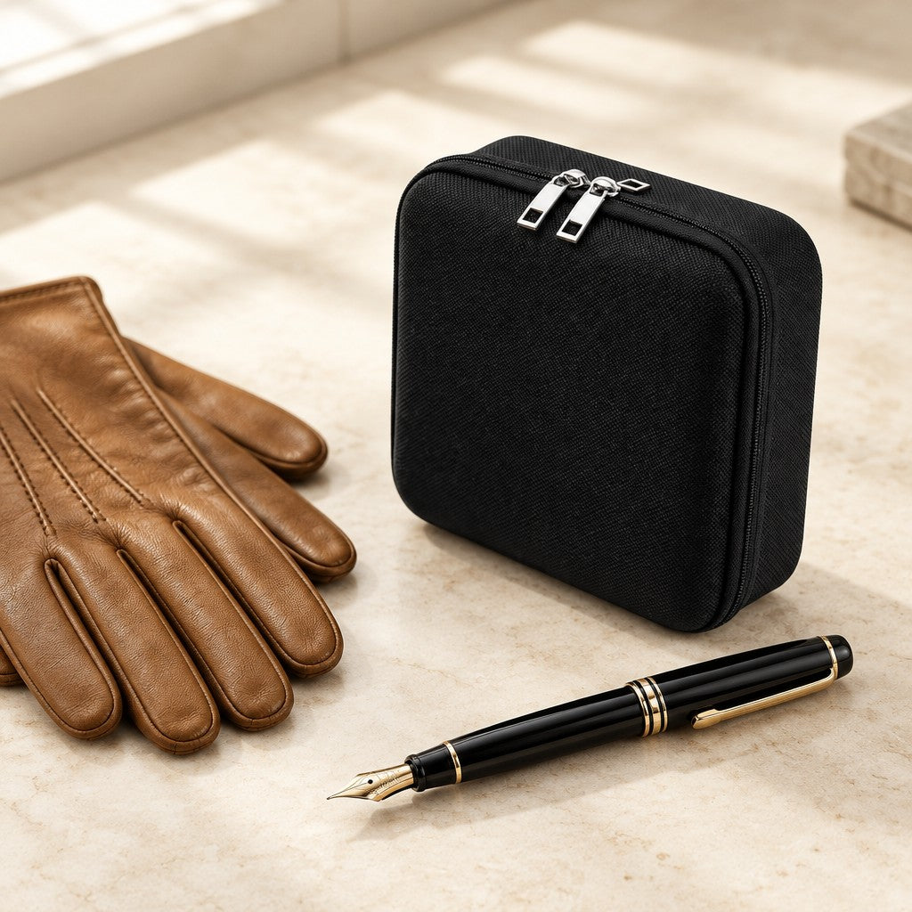 6-slot black hard-shell travel watch case closed, beside a fountain pen and leather gloves